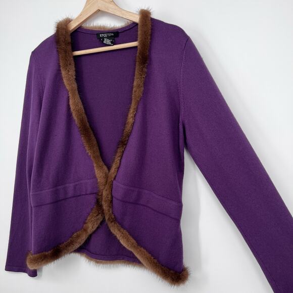 Etcetera Silk Cashmere Mink Trim Cardigan Womens Large Purple Brown Fur Sweater - Picture 2 of 11
